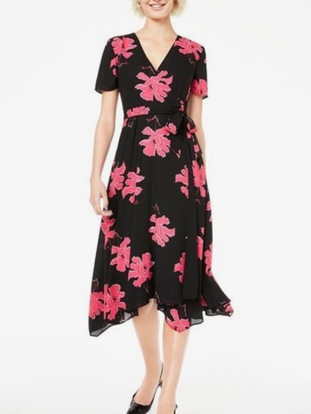 Alfani Black Pink Floral Wrap Tie Waist Dress Size 10 - Picture 12 of 12
